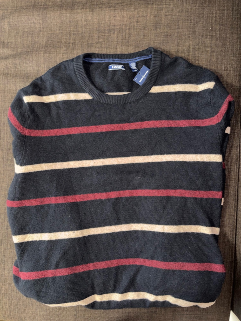Izod Navy Crewneck Sweater with Cream and Burgundy Stripes